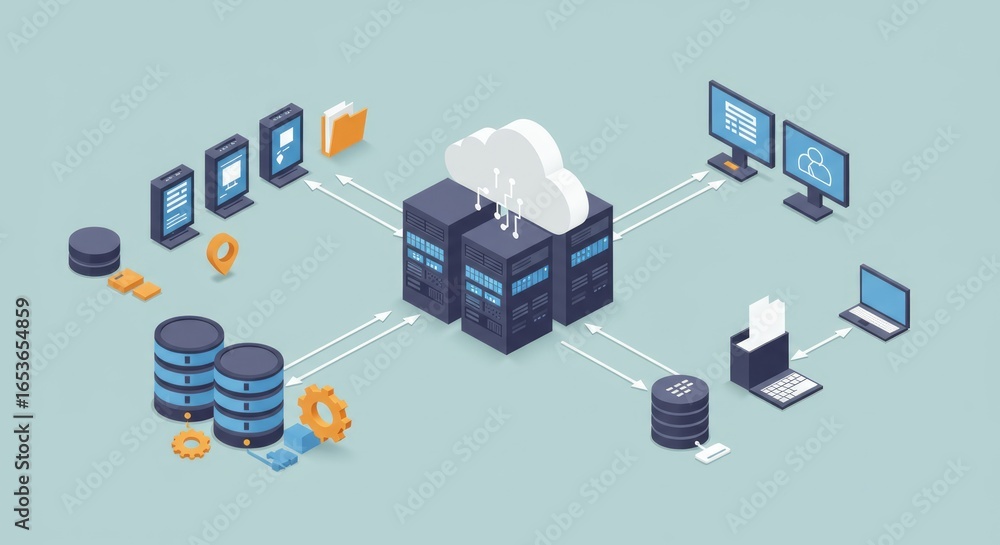 Poster isometric illustration depicting cloud computing and data storage with interconnected devices