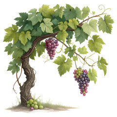 Vibrant grapes growing on a twisted vine with lush green leaves
