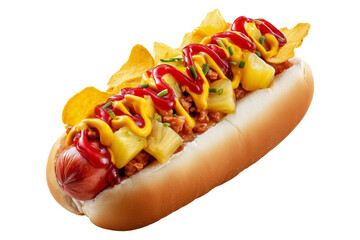 Colombia Perro Caliente Hot Dog Colombiano topped with mustard, red onions, jalapenos, chili, tomatoes, isolated on white transparent background, concept of fast food and street cuisine