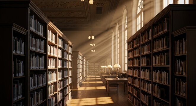 Sunlit sanctuary a grand library bathed in golden rays illuminating literary treasures