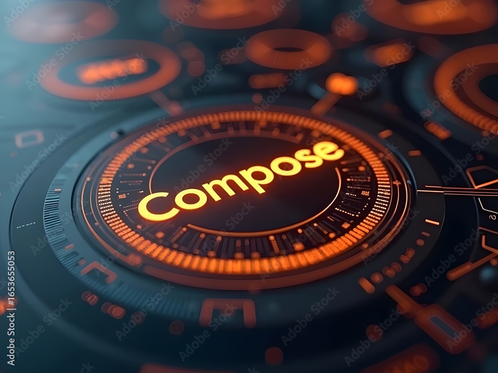Poster a vibrant orange glow illuminates the word compose on a futuristic dark interface, horizontal compos