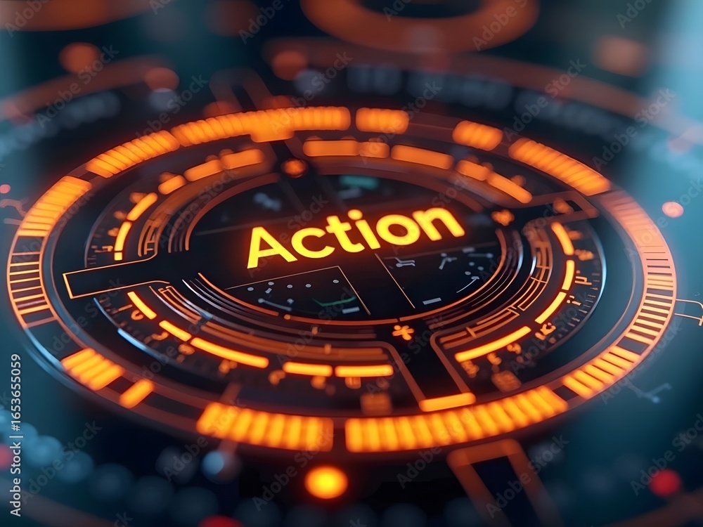 Poster futuristic orange and black interface displays the word action, horizontal composition. this high-re