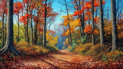 A Sun-Dappled Path Through a Stylized Forest of Crimson and Gold