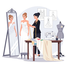 Wedding dress designer at work fitting a beautiful gown in a bright studio, sewing machine humming with creativity, tailor measuring a bride in a modern atelier