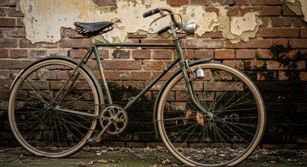 Obraz premium Vintage bicycle standing against a textured brick wall invoking past memories