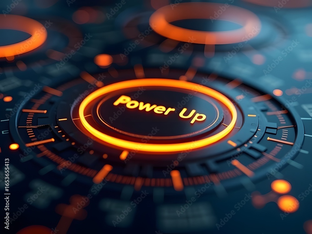 Poster abstract futuristic interface design features a glowing orange power up button, horizontal compositi