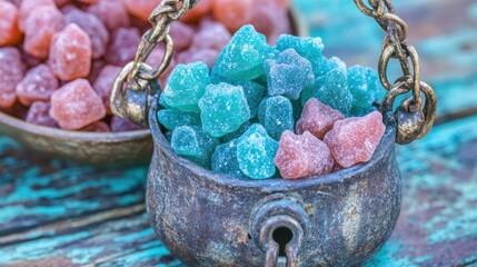 Colorful jelly candies in vintage metal bowls, evoking nostalgia and sweetness displayed against a