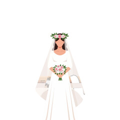 Elegant bride with flower crown and veil holding a delicate bouquet, conveying love and commitment on her special wedding day of celebration and joy