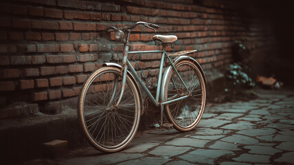 Vintage bicycle against brick wall, sunlight creating crisp outlines, aged metal and leather details in focus, rustic city charm