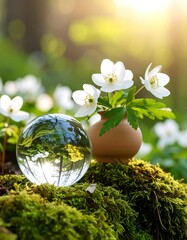 Delicate spring flowers in a mossy setting