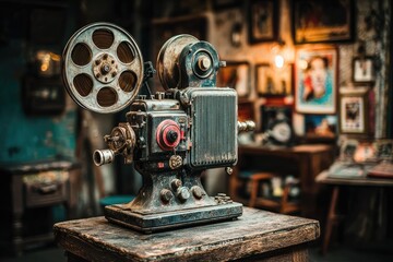 Naklejka premium Vintage film projector on wooden stand, in a room with vintage artwork