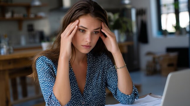 A young woman is facing a challenge at home, deep in thought, hands on her head. She is looking at the laptop screen, and she feels the pressure. - Powered by Adobe