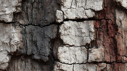 A weathered tree trunk with cracks and patches of different colors, including white, gray, and brown, set against a background of similar textures. 
