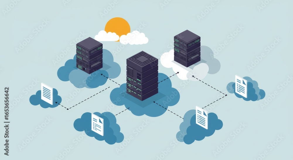 Poster isometric view depicts data servers and file documents connected via cloud-like structures under a s