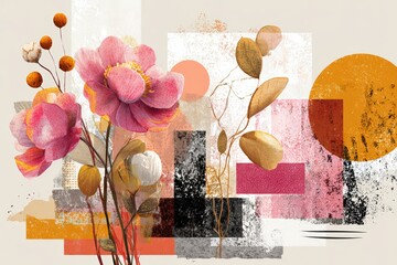 Abstract Floral Composition with Pink Flowers and Geometric Shapes