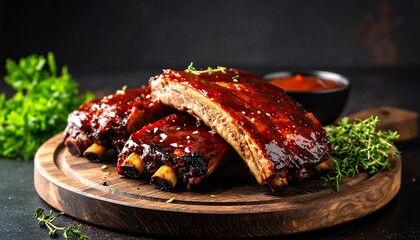 Delicious BBQ ribs on a wooden board