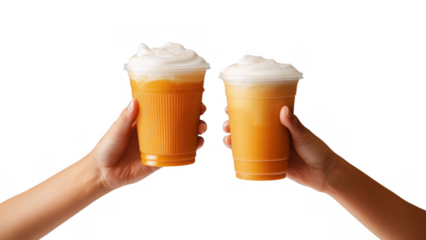 Two hands lift seasonal drinks with foam tops, created with AI, PNG