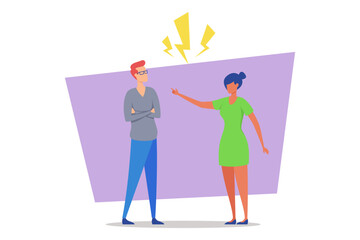 Man with glasses standing with his arms crossed, while woman in green dress pointing at him. Disagreement, tension in relationship concept