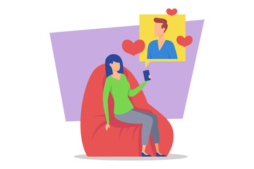 Couple connecting through digital chat while one partner relaxing in comfortable chair. Love icons surrounding their conversation, highlighting their affection during cozy time together