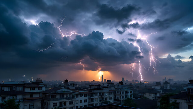 A dramatic cityscape view with lightning strikes illuminating the skyline during a thunderstorm - Powered by Adobe