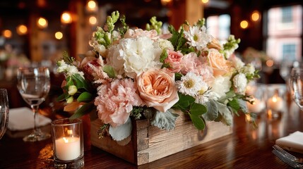 Wooden box centerpiece filled with pastel flowers sits on a wooden table
