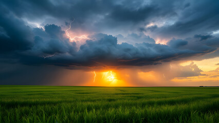 A dramatic landscape with a green field under a stormy sky and lightning strikes at sunset