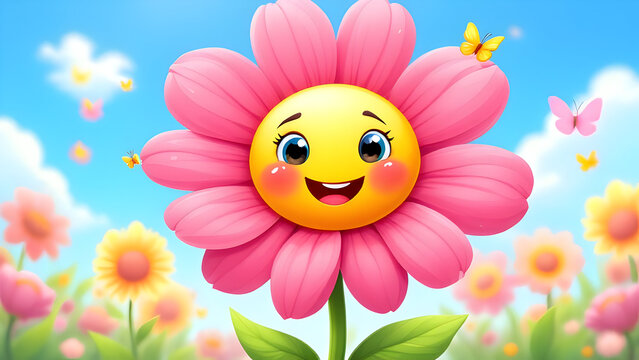 A cartoon flower with a smiley face and butterflies in a field under a bright blue sky with clouds