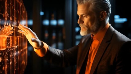 Futuristic businessman interacting with glowing digital holographic interface in dark modern office, creating immersive sci-fi atmosphere with high-tech visual elements and innovation background. - Powered by Adobe
