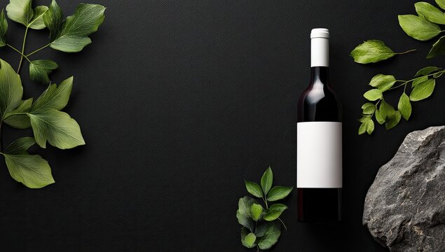 Red wine bottle surrounded by greenery on a black background
