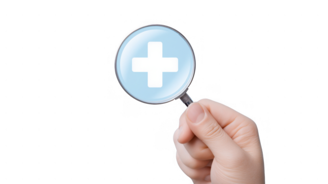 Hand holding magnifying on medical cross, created with AI, PNG