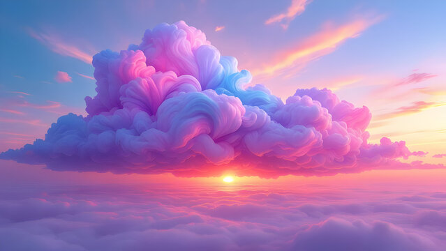 A vibrant cloudscape with cotton candy clouds and a radiant sunset casting a warm glow below them