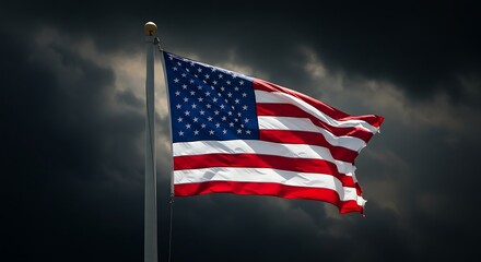 American Flag Flying in Dark Sky Storm with Dramatic Clouds