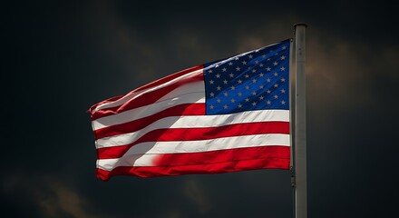 American Flag Waving in Dark Stormy Sky with Dramatic Lighting