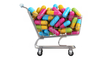Colorful health choice capsules in cart, created with AI, PNG