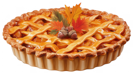 Pie with autumn leaves and acorns, created with AI, PNG