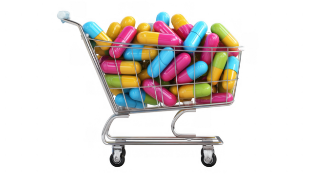 Colorful health choice capsules in cart, created with AI, PNG