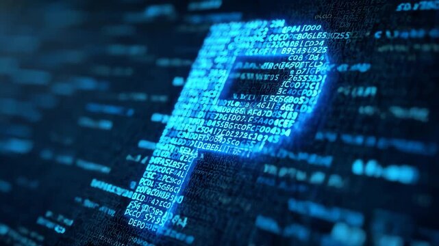 Glowing blue letter P made from futuristic digital technology code