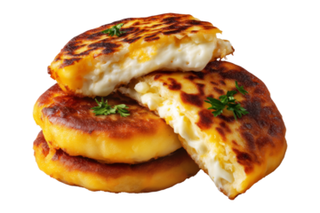Ecuador Lapingachos fried potato patties stuffed with cheese and sprinkled herbs, isolated on white transparent background