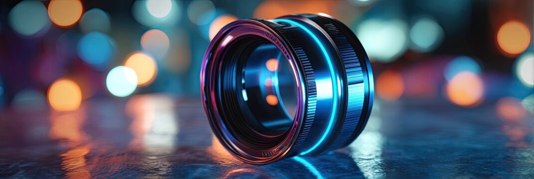 Futuristic lens on a reflective surface with bokeh lights