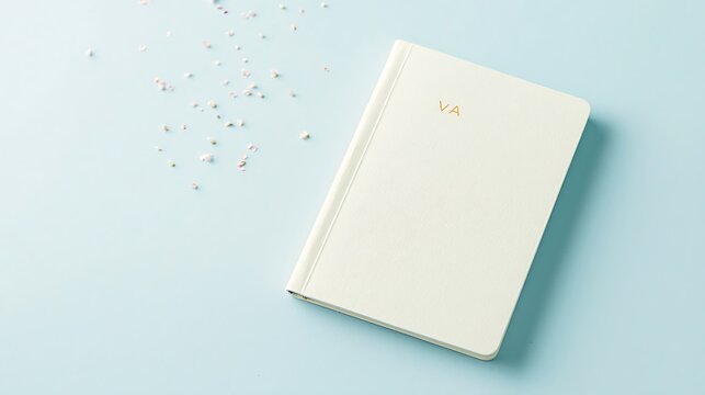 Clean white notebook on a light blue background with scattered crystals