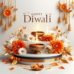 Happy diwali greeting card with flowers and candles isolated on white background