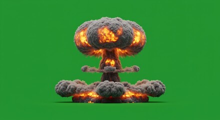 Explosive Nuclear Explosion with Mushroom Cloud on Green Background