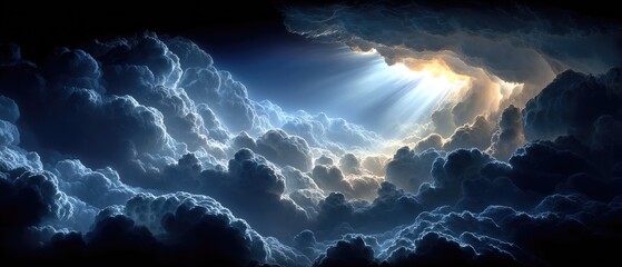 Heavenly light breaks through dark, dense clouds