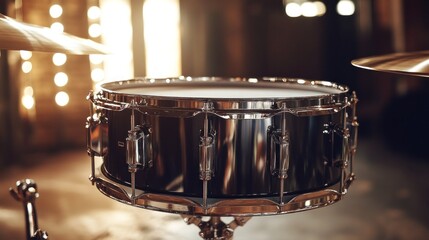 Obraz premium Black drum in industrial setting with illuminated background