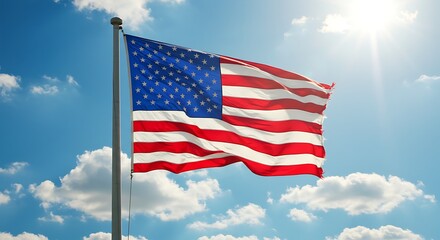 American Flag Waving in Bright Sunlight Against Blue Sky with Clouds