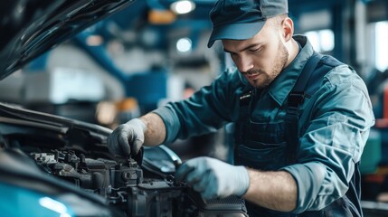 Fixing breaks. Man in uniform is working in the auto service.