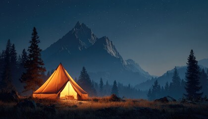 Illuminated tent nestled in a serene mountain valley under a starlit sky