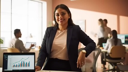Professional woman in office presenting data analysis with colleagues engaged in background - Powered by Adobe