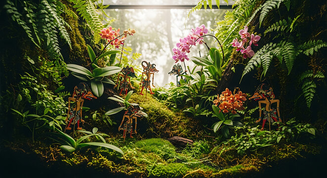 A whimsical display of Javanese wayang kulit puppets amidst orchids and lush foliage creates a captivating cultural tableau.