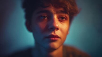 Cinematic Close-Up of a Pensive Youth with Dramatic Orange and Teal Lighting